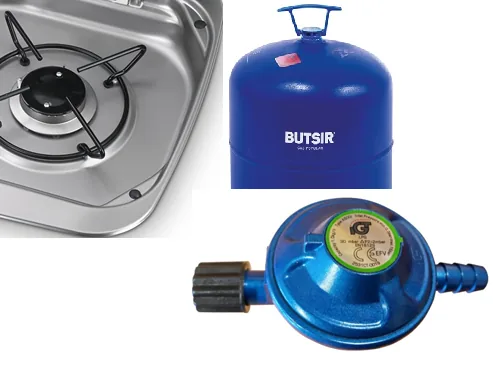 Sistema completo de gas y cocina de la camper Alquicamper · bombona, regulador y fogones